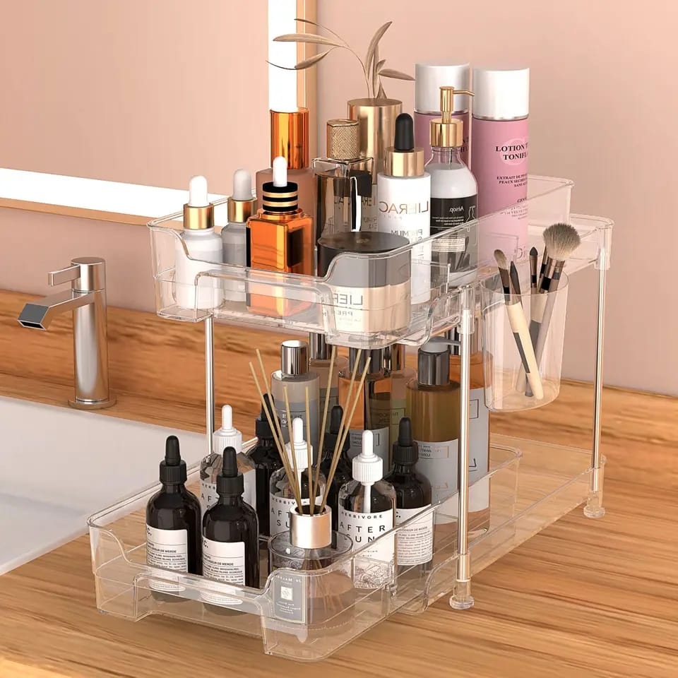 2 tier multifunctional clear organising tray with dividers