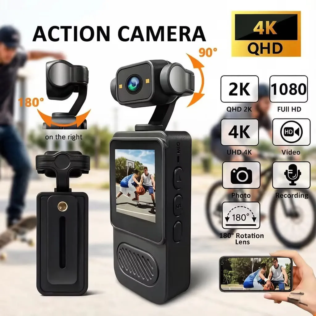 Action  camera with a unique 180-degree rotating lens -portable, handheld, or wearable recording device suitable for sports and vlogging