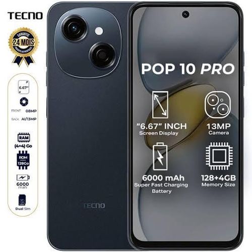 Tecno POP 10 Pro - 6.67" HD+, 128GB ROM + upto 8GB RAM, 6000mAh Battery, Dual SIM, 13MP