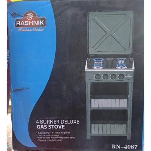 Rashnik 4 Burner Deluxe Gas Stove – Standing Cooker with Storage Shelves - Image 2