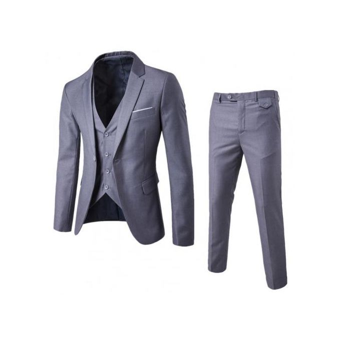 1 Set Men Suit Slim Single-breasted Korean Style Blazer Zipper Fly Pants Grey