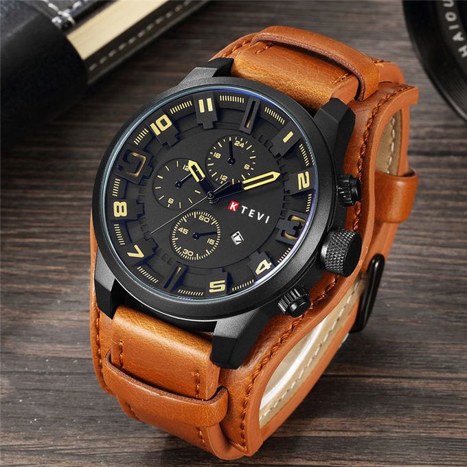 Fashion Leather Strap Men's Sport Watch-Brown