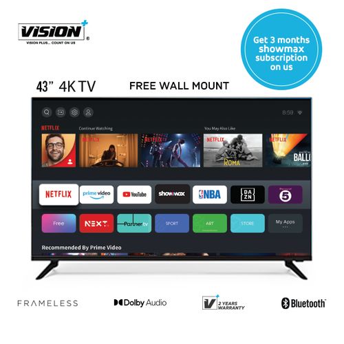 Vision Plus VP8843KV - 43 inches 4K Frameless V+ OS Smart TV + 3 Months Showmax Subscription