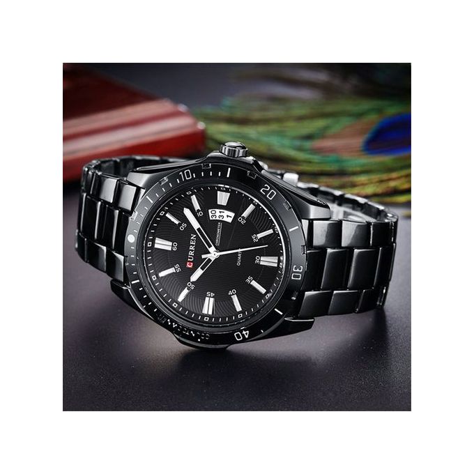 Curren MiIlitary Black Steel Wristwatch Casual Sport Waterproof Chronograph Analog Quartz Watch