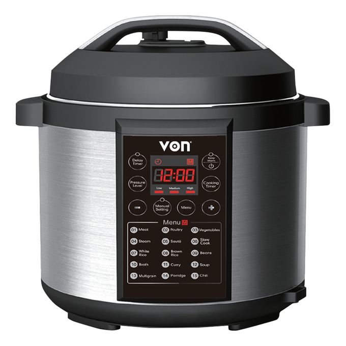 VON 6L Electric Pressure Cooker Programmed Safety Measure Feature Non Stick Pot - 1Yr Warranty