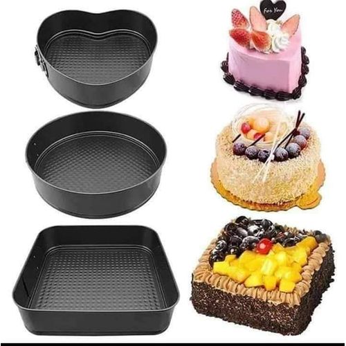 3Pcs Non Stick Cake Tray Mould Into Round, Heart, Square Set