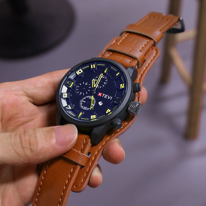 Fashion Leather Strap Men's Sport Watch-Brown - Image 4