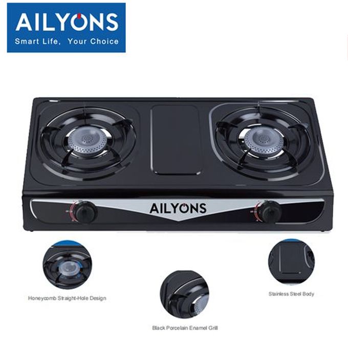 AILYONS GS013-2 Gas Cooker Stainless Steel Double Burner Black