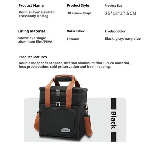 Portable double-layer waterproof lunch insulation bag Black - Image 2