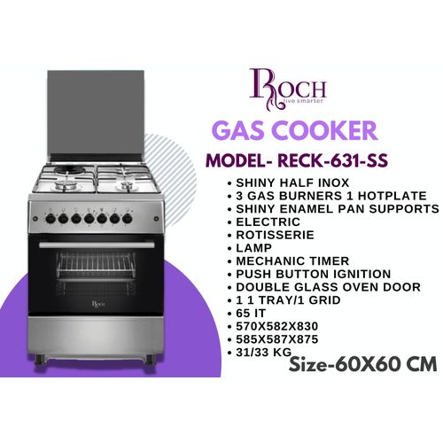 Roch RECK-631SS - 60x60CM 3 Gas Burners + 1 Hotplate Cooker - Image 2