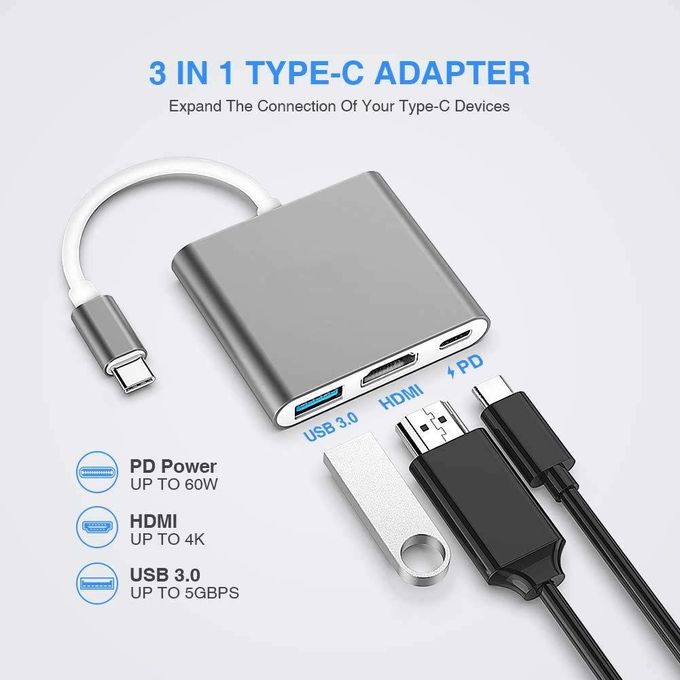 1-1 3 in 1 Type-C to 4K HD HDMI USB 3.0 Hub USB-C Data Charging Adapter Cable