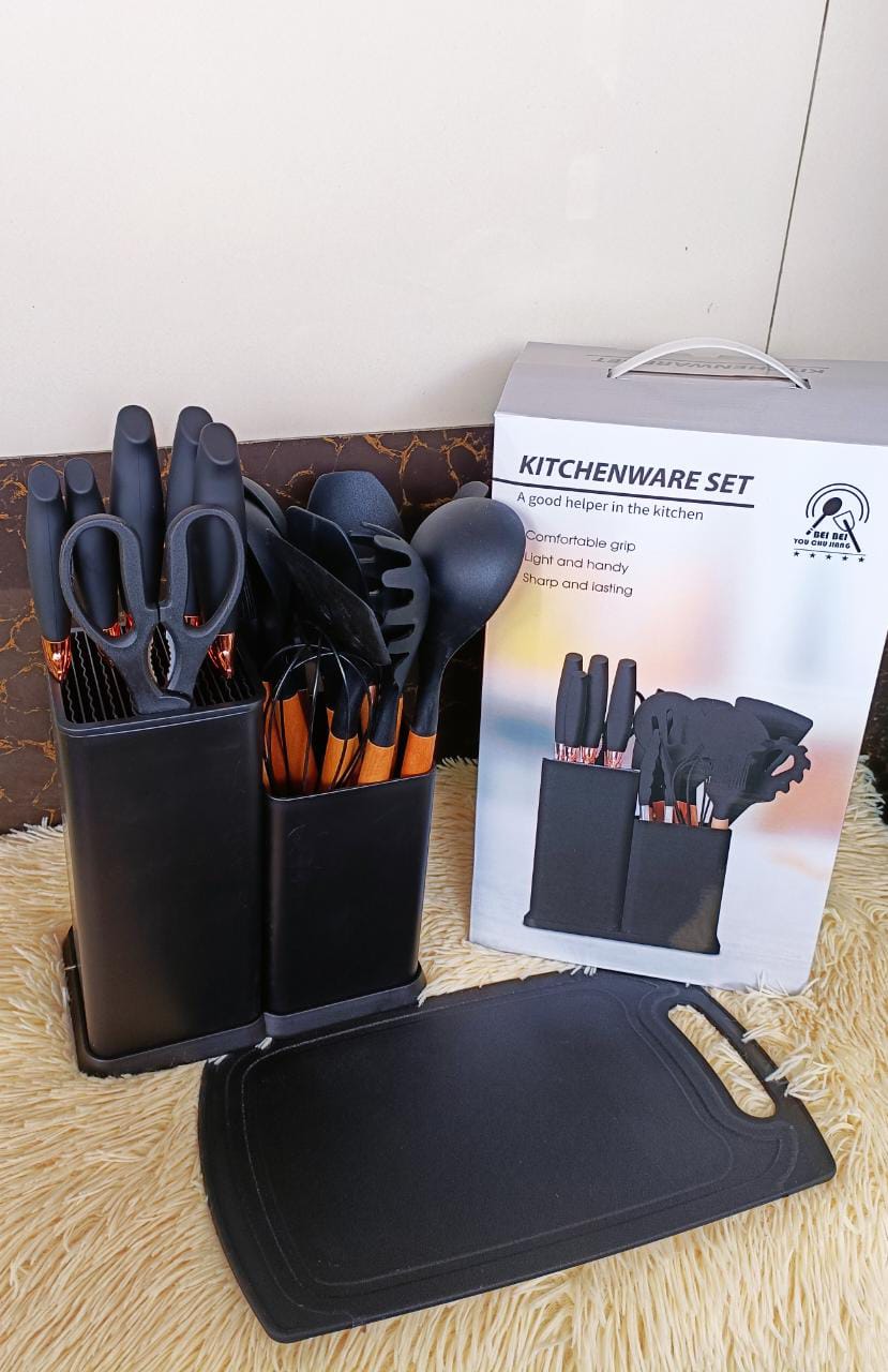 19pcs silicone cooking spoons, knifes,chopping and  holder