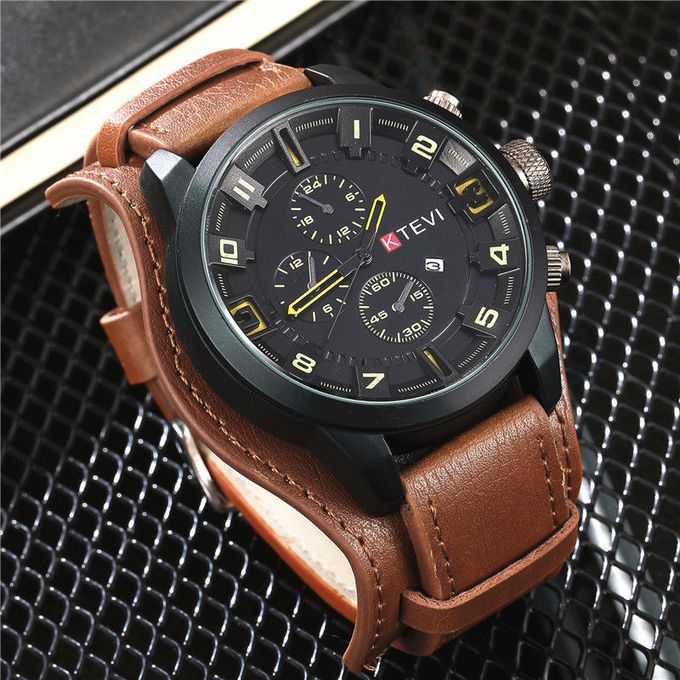 Fashion Leather Strap Men's Sport Watch-Brown - Image 2