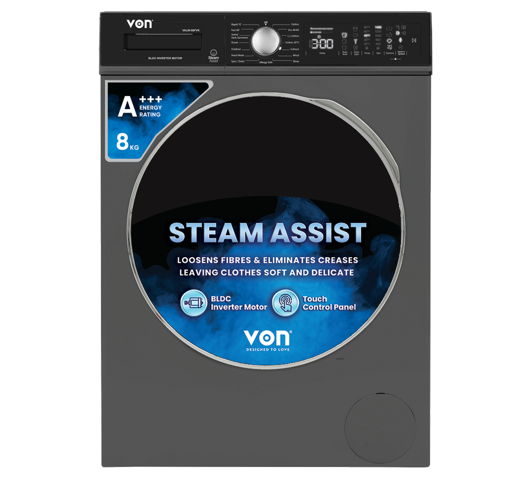 Von VALW-08FVK Front Load Washing Machine Silver - 8KG