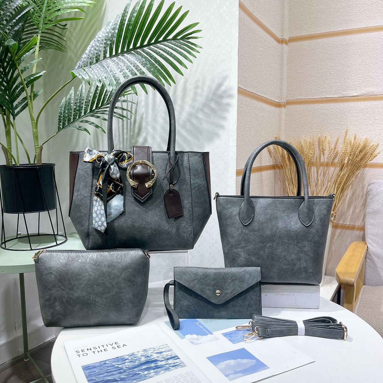 4 in 1 pure leather handbags Gray