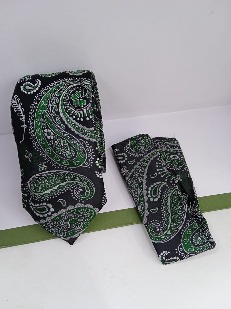 Classic Green Paisley Tie with Matching Pocket Square