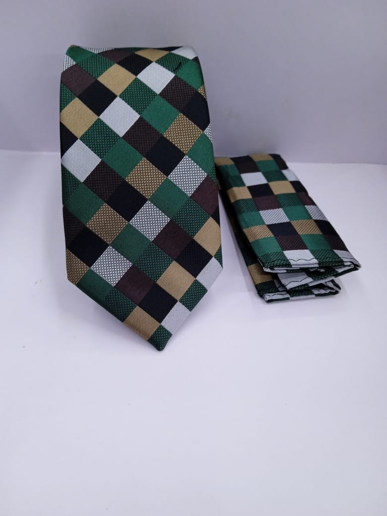 Classic Green checked gray Tie with Matching Pocket Square 01