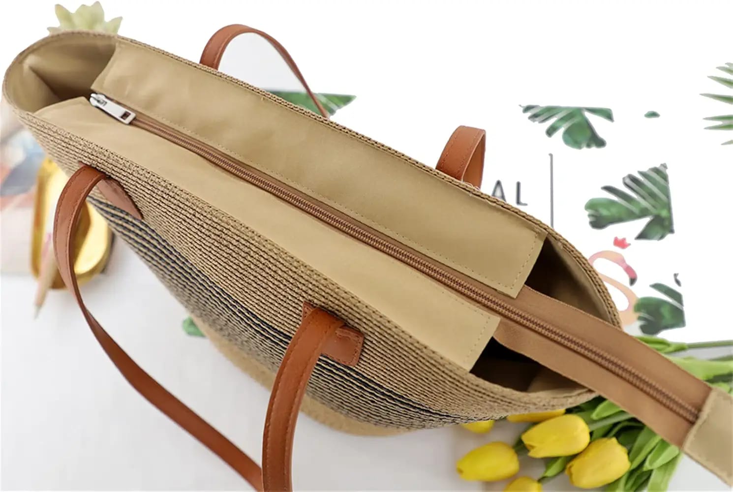 Papyrus Straw Woven Beach Bag - Image 5