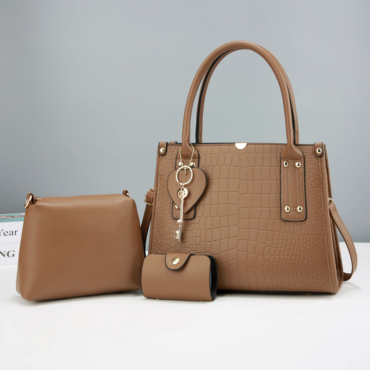 3-in-1 Croc-Embossed Brown Handbag Set