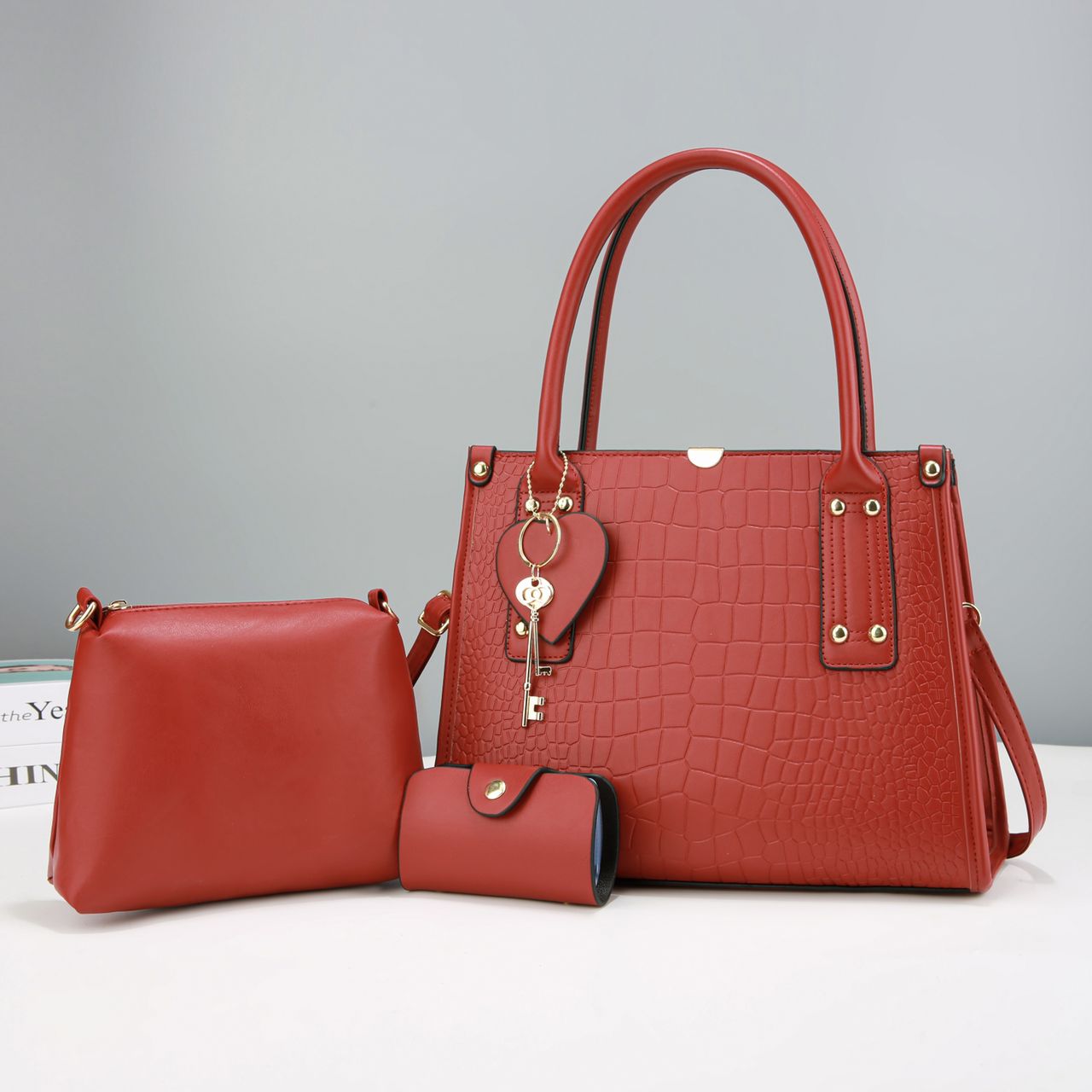 3-in-1 Croc-Embossed Red Handbag Set