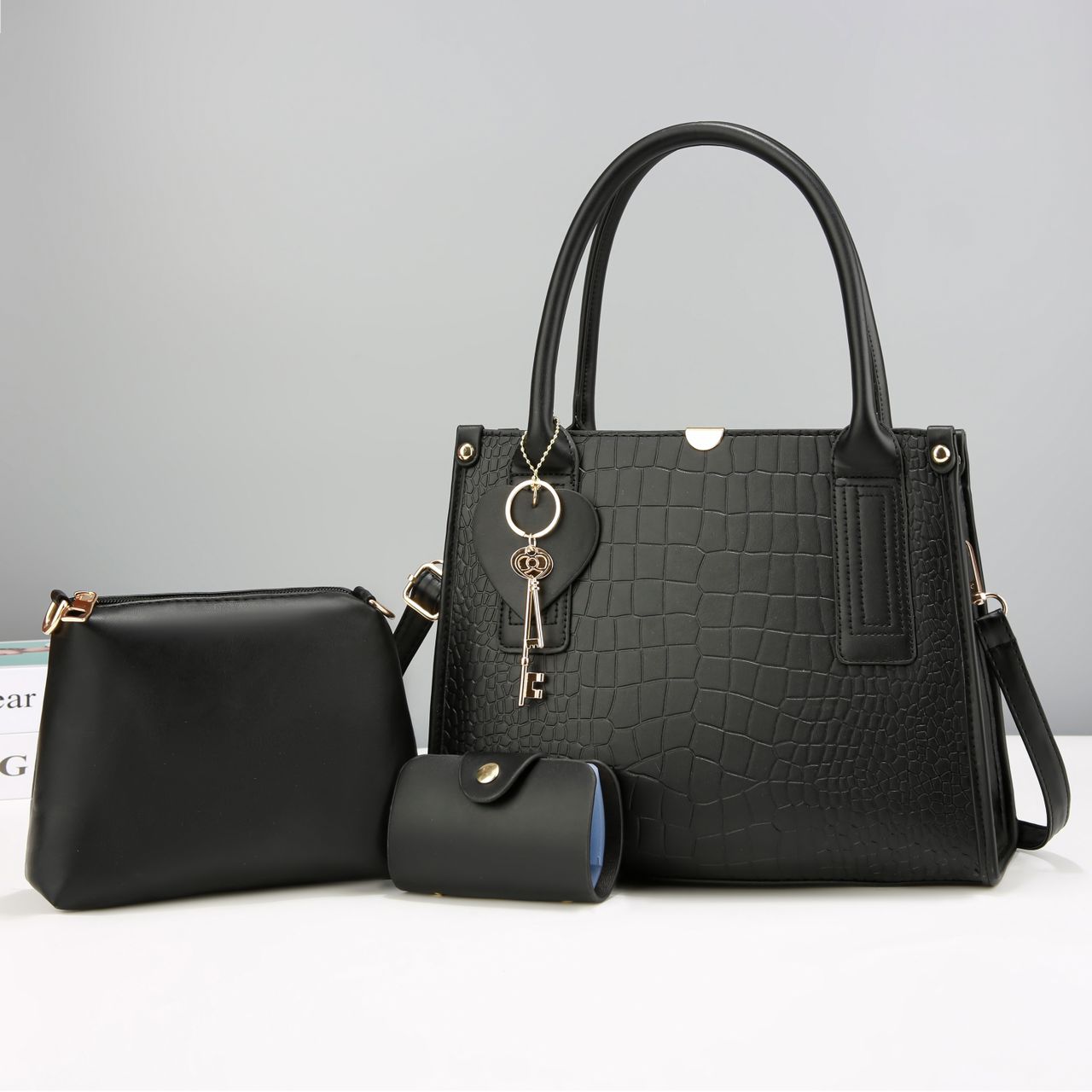 3-in-1 Croc-Embossed Brown Handbag Set - Image 2