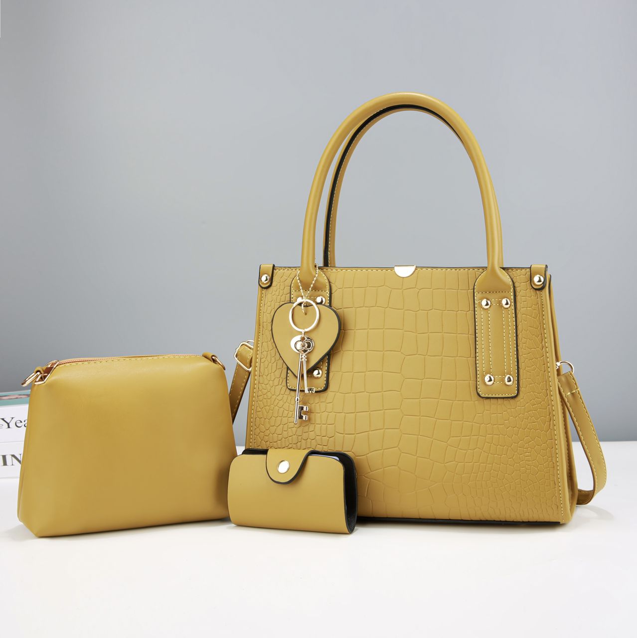 3-in-1 Croc-Embossed Brown Handbag Set - Image 4