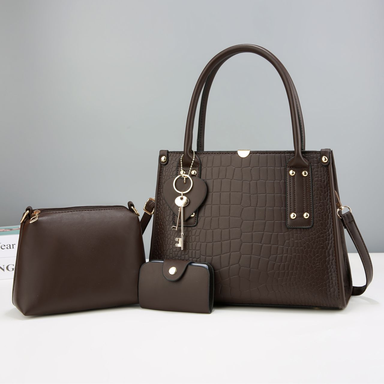 3-in-1 Croc-Embossed Red Handbag Set - Image 5