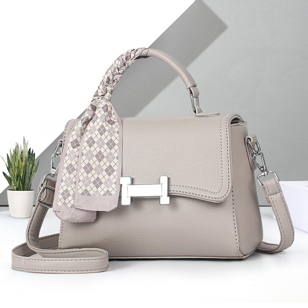 Elegant Taupe Handbag with Checkered Scarf Accent - Image 2