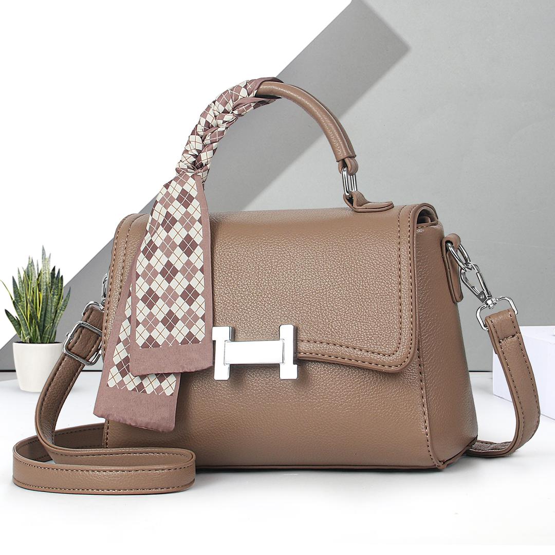 Elegant Taupe Handbag with Checkered Scarf Accent - Image 3