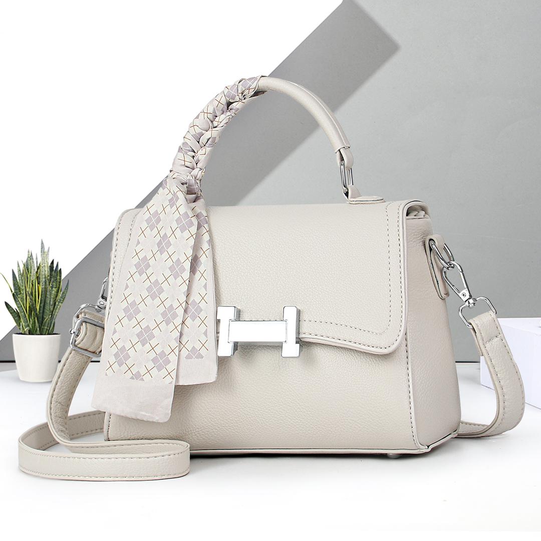 Elegant Taupe Handbag with Checkered Scarf Accent - Image 4
