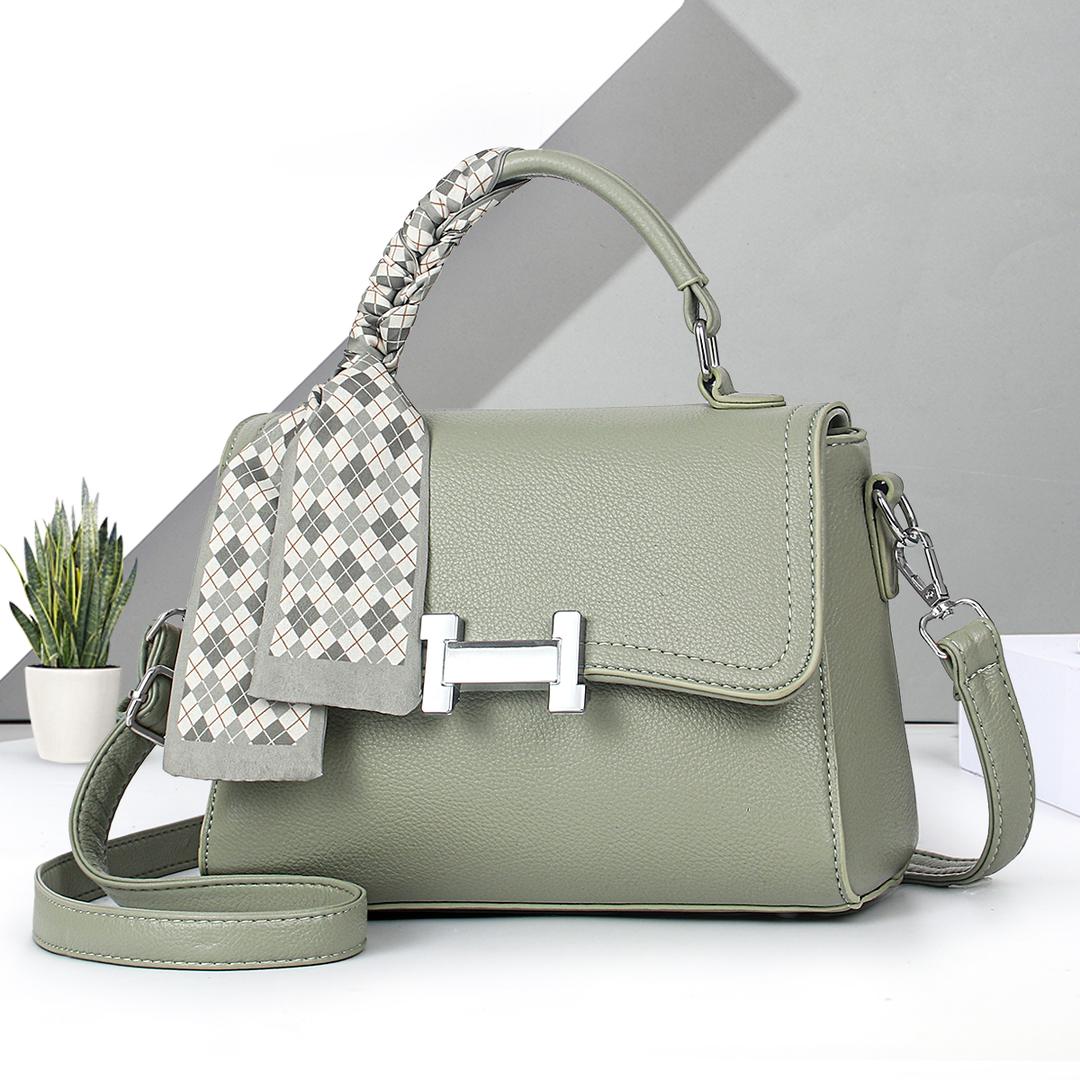 Elegant Taupe Handbag with Checkered Scarf Accent - Image 5