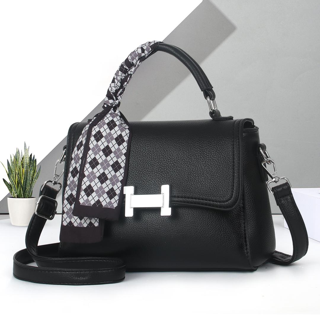 Elegant Taupe Handbag with Checkered Scarf Accent
