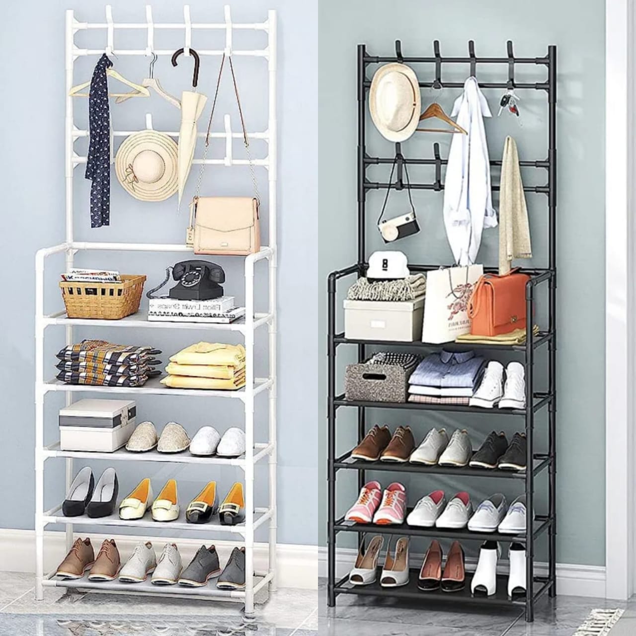 *Restocked‼️Multifunctional 5 Tier Shoe Rack Organizer + Simple Floor Coat Hat Rack with 8 hooks* *Colour : White and Black*‼️