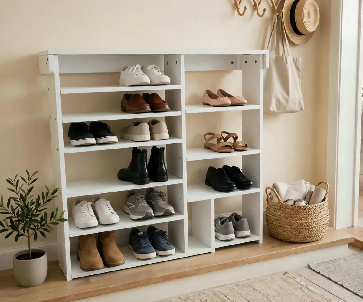 Freestanding white multi-tier wooden shoe storage rack and entryway organizer with open cubbie - Image 2