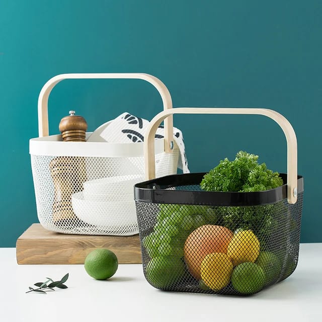 Mesh Storage|fruit basket with bamboo handles