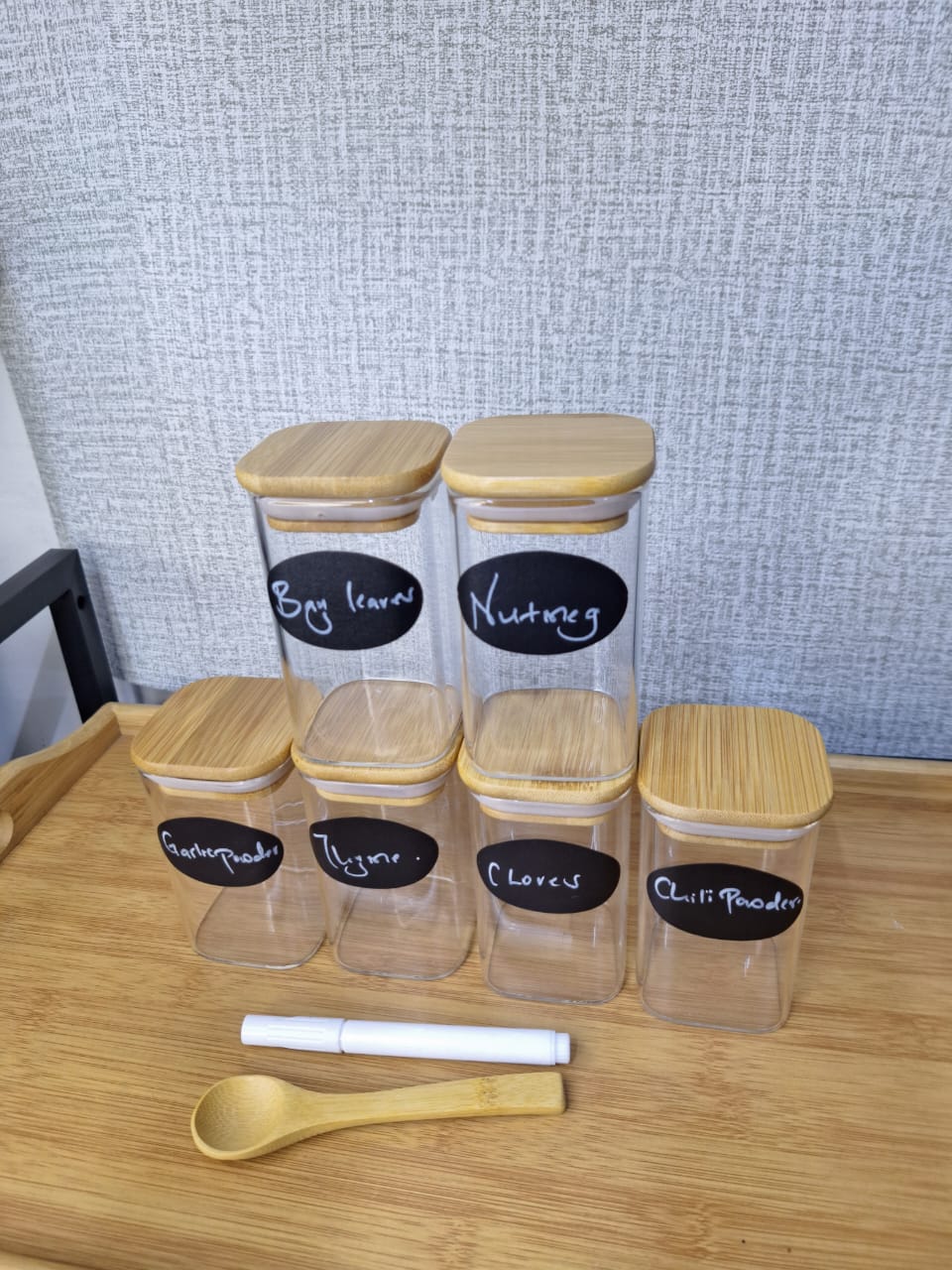 6 pack Square Glass Jars with Bamboo lid And Spoon