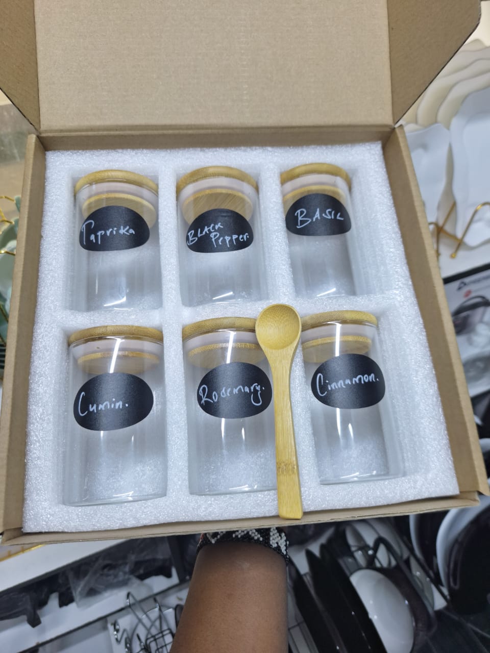 6 pack Round Glass Jars with Bamboo lid And Spoon