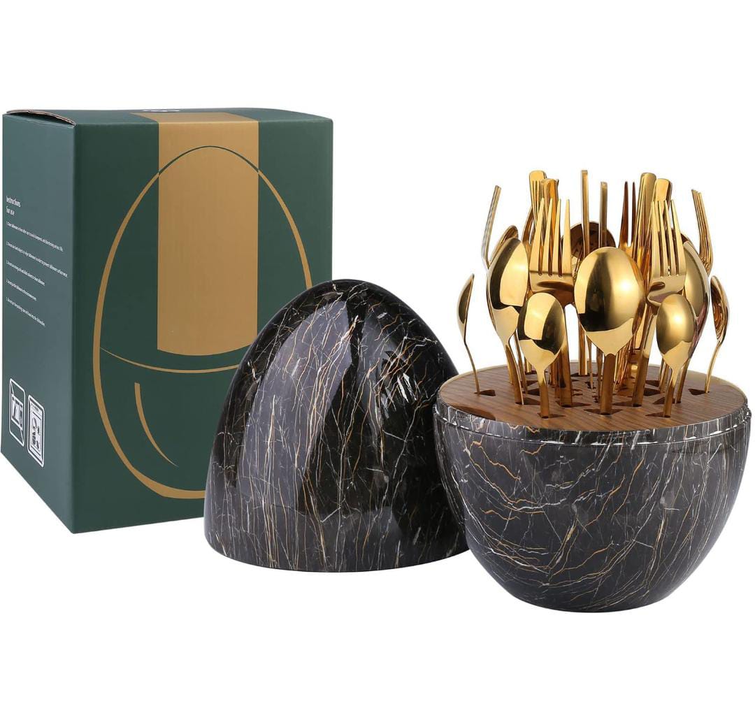 Egg Shaped Black Mirror Polish Tableware Cutlery Set - 24 Pieces
