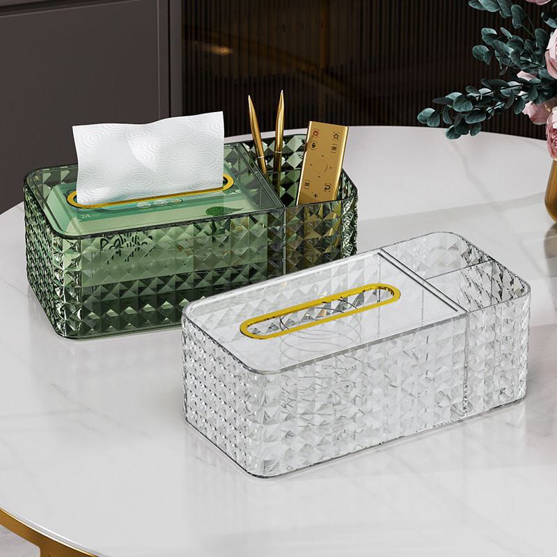 Diamond pattern tissue box with compartment