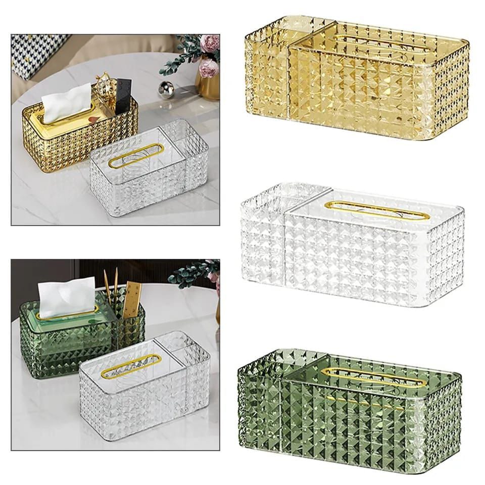 Diamond pattern tissue box with compartment