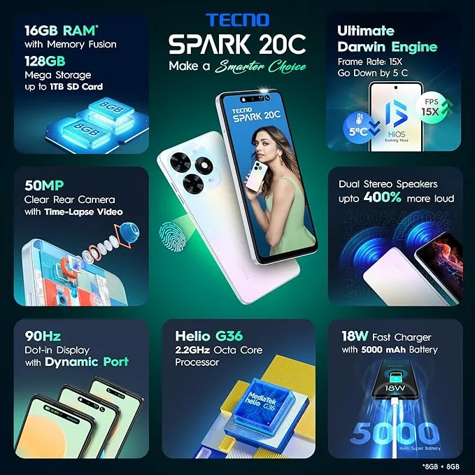 Tecno Spark 20C - 6.6'' - 256GB HDD + 4GB RAM + (8GB RAM Extended) - 50MP Rear/8 MP Front, 5000mAh 18W -Gravity Black - Image 5