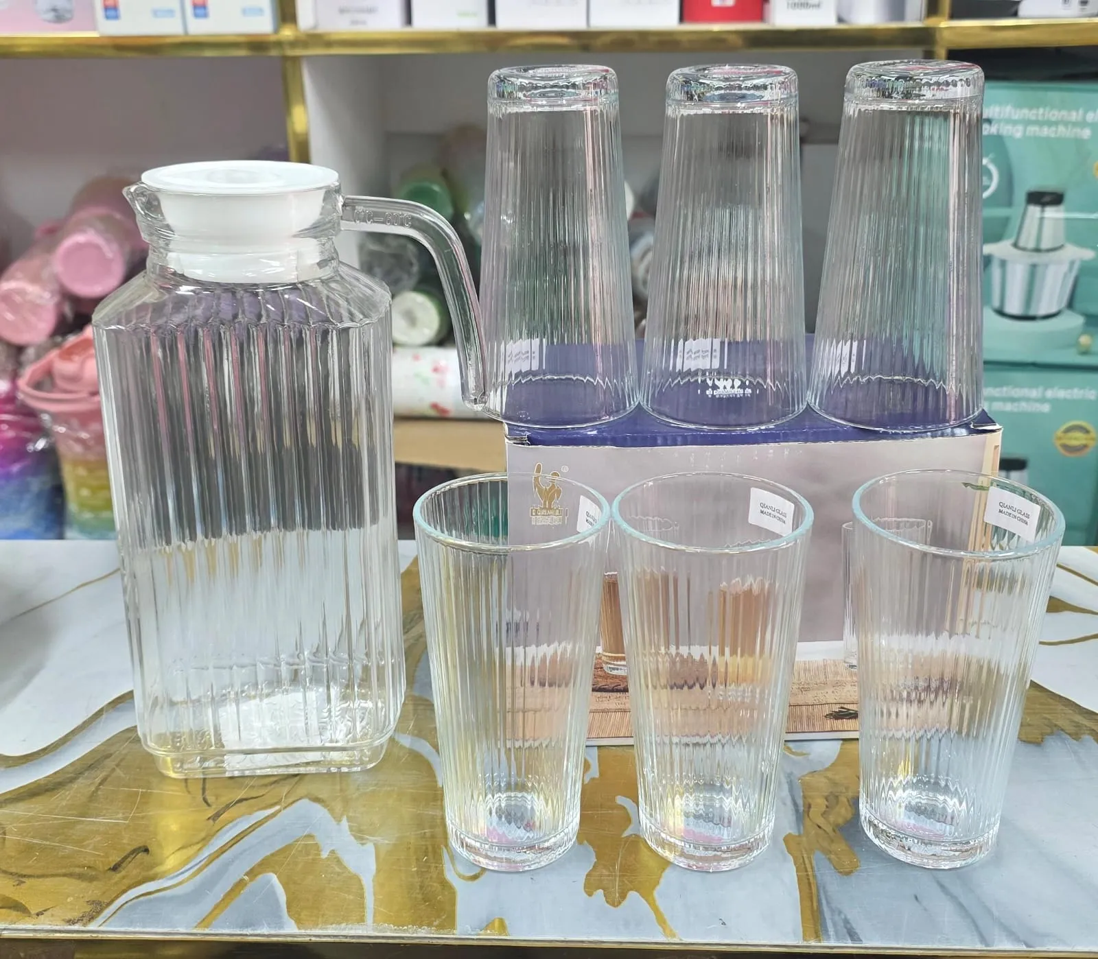 Ribbed Glass Water Jug with Tumbler Glasses Set