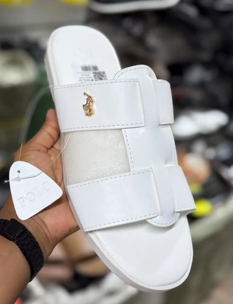 Polo White Slide Sandals with Gold Pony Logo