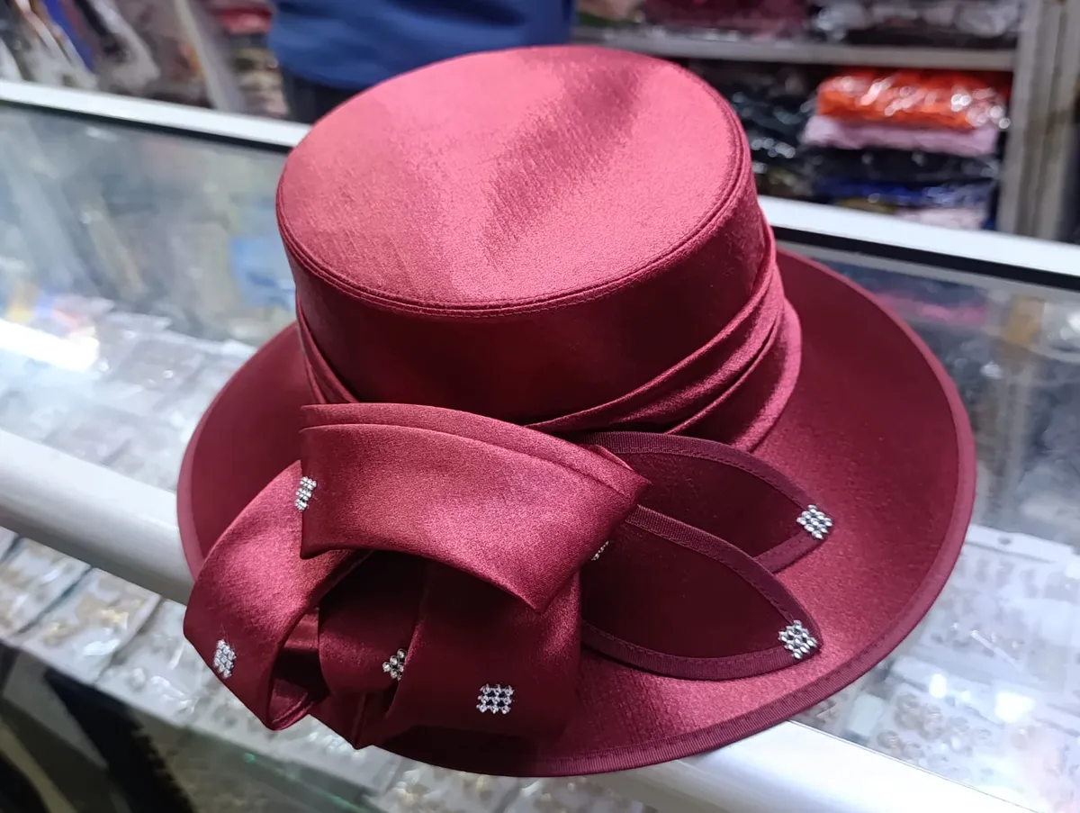 Burgundy Satin Dress Hat with Bow - Image 2