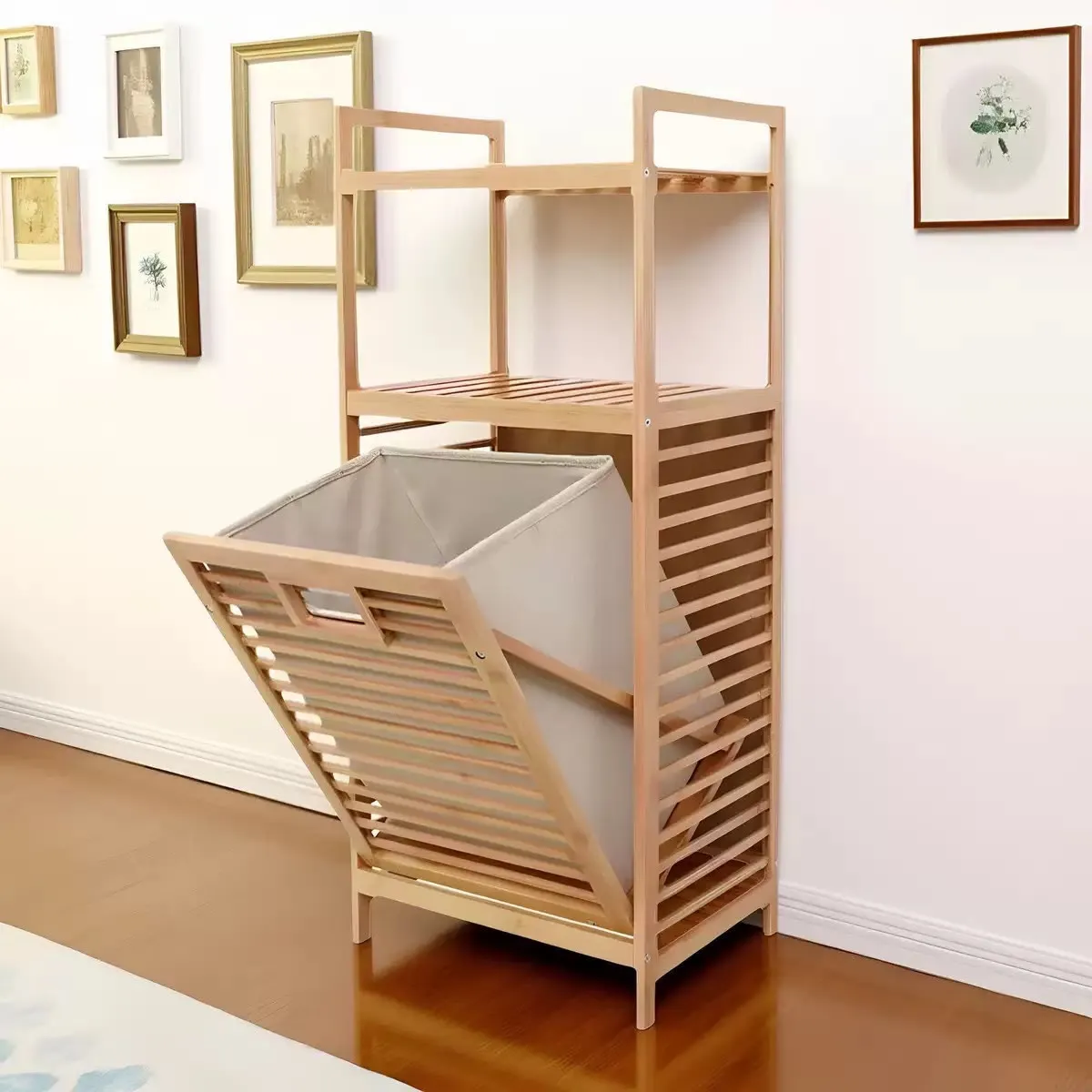 Bamboo Tilt-Out Laundry Hamper with Storage Shelves - Image 3