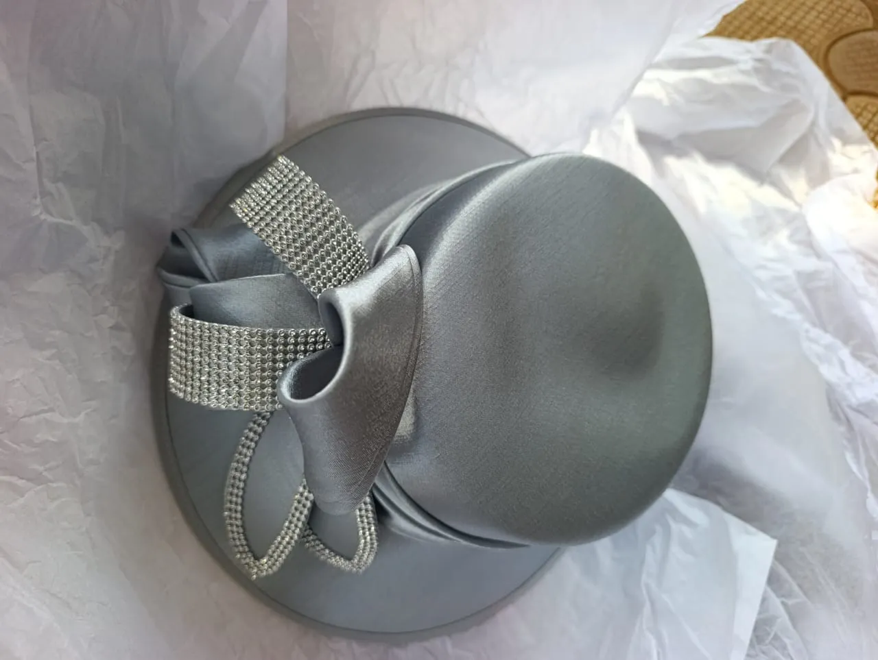 Silver Satin Occasion Hat with Rhinestone Bow