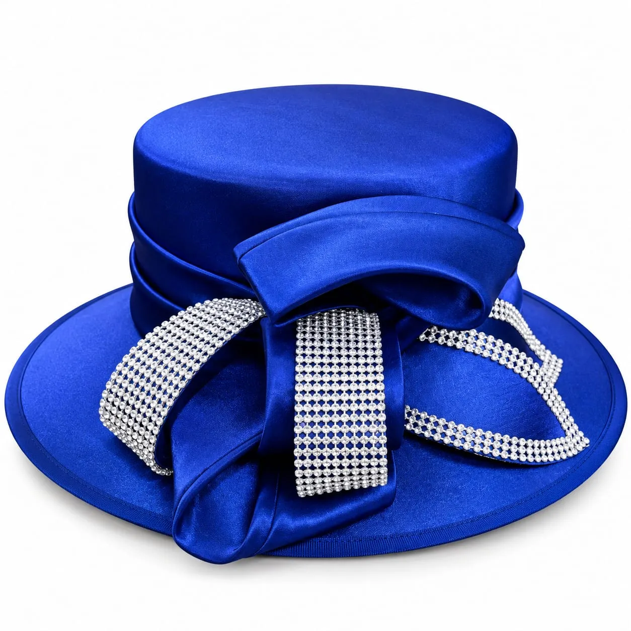 Royal Blue Satin Wide-Brim Dress Hat with Rhinestone Bow