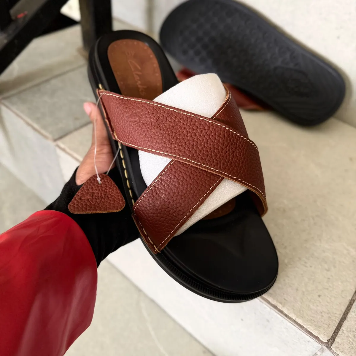 Clarks Brown Crisscross Leather Slide Sandals - Image 2