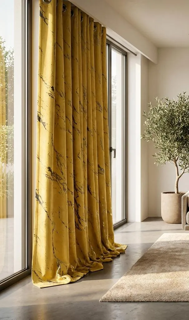 Mustard Yellow Marble-Print Eyelet Curtain Panel - Image 2