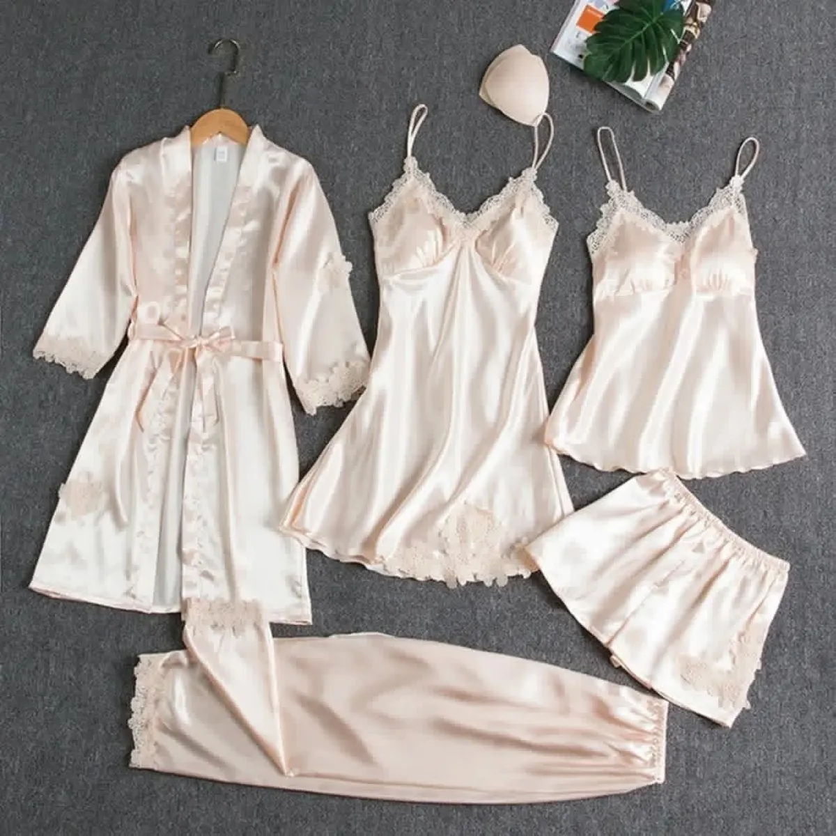 5-Piece Satin Nightwear Set - Burgundy - Image 2